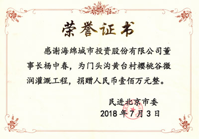 Honorary certificate issued by the Beijing Municipal Committee of the Democratic Progress